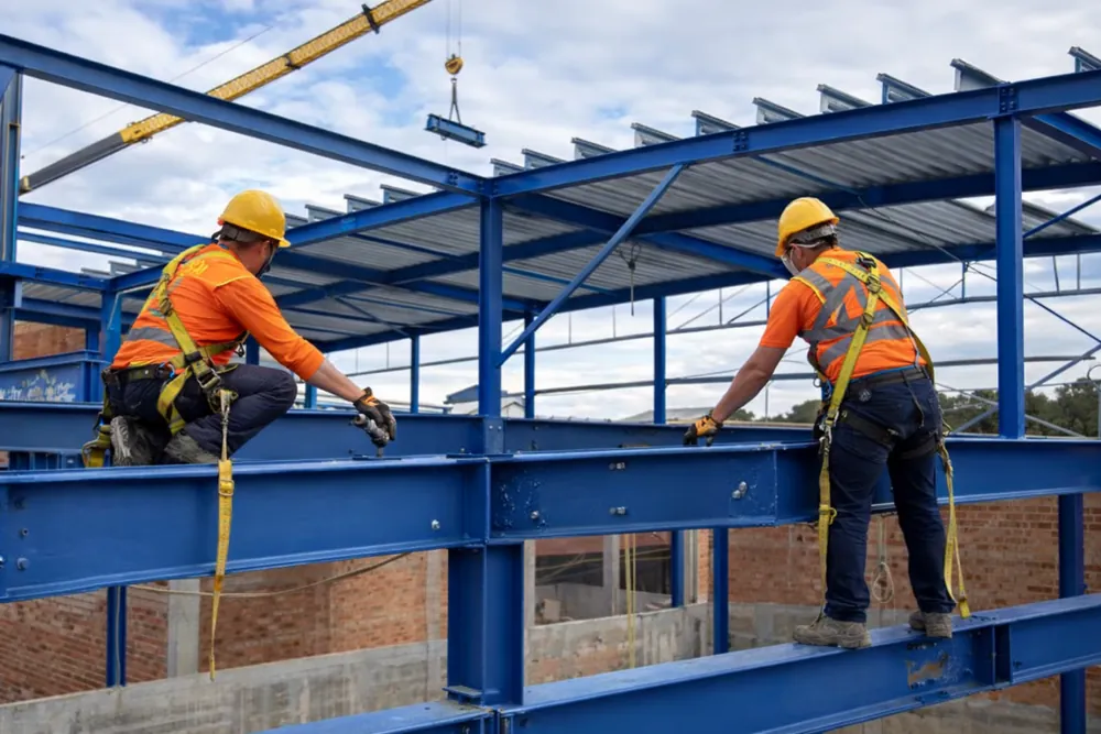 Equipo de montaje de Metali izando con grúa una estructura metálica de acero en una nave industrial de Barcelona